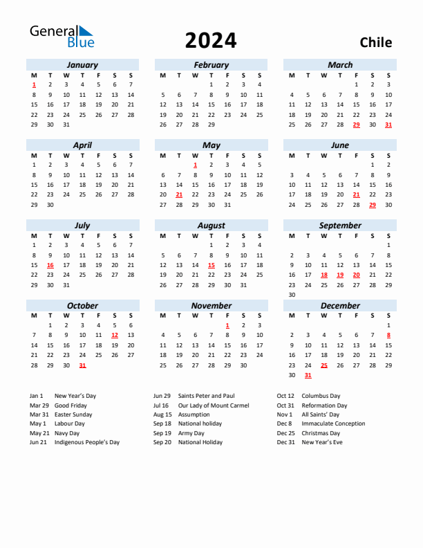 2024 Calendar for Chile with Holidays