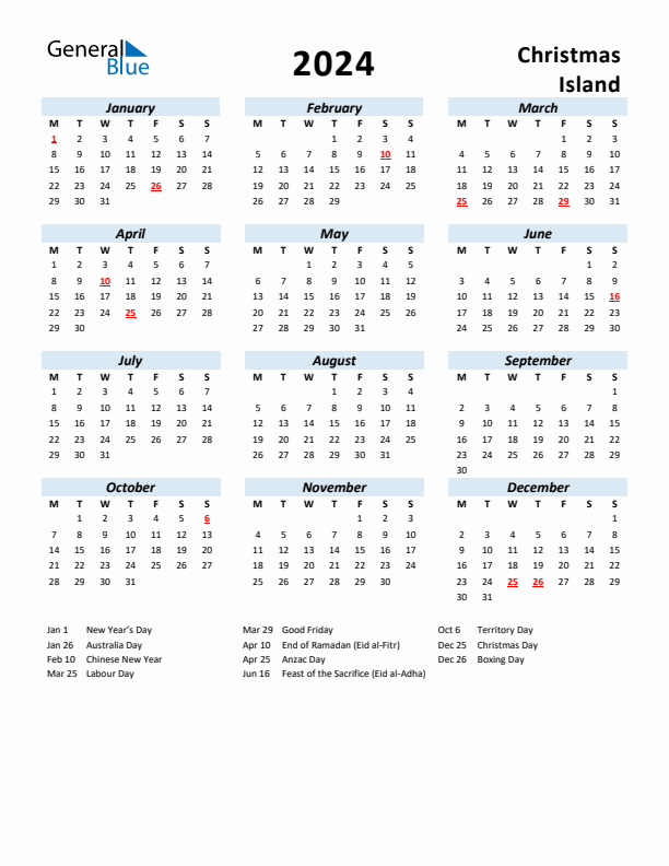 2024 Calendar for Christmas Island with Holidays