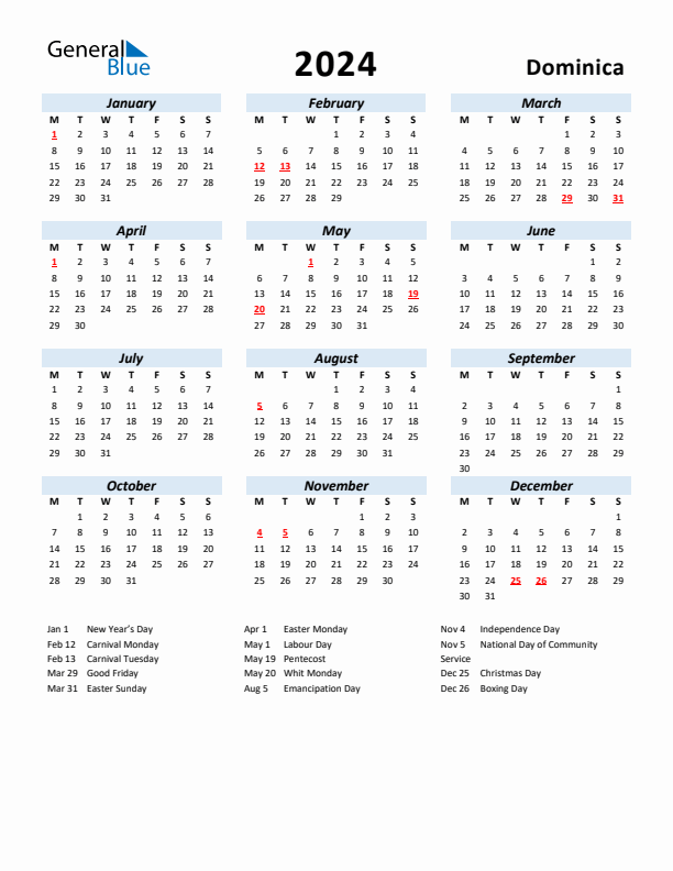 2024 Calendar for Dominica with Holidays