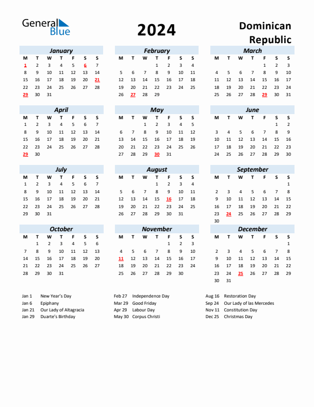 2024 Calendar for Dominican Republic with Holidays