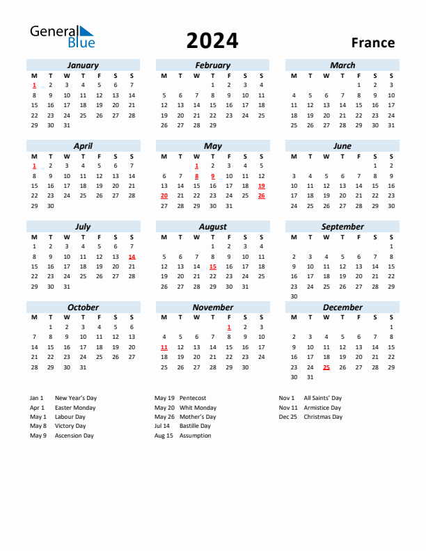 2024 Calendar for France with Holidays