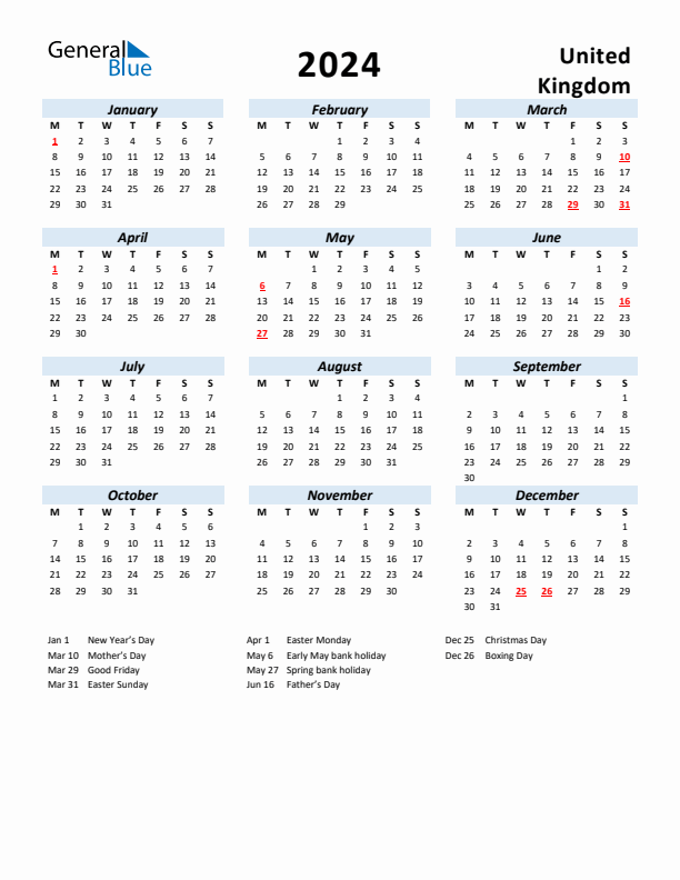 2024 Calendar for United Kingdom with Holidays