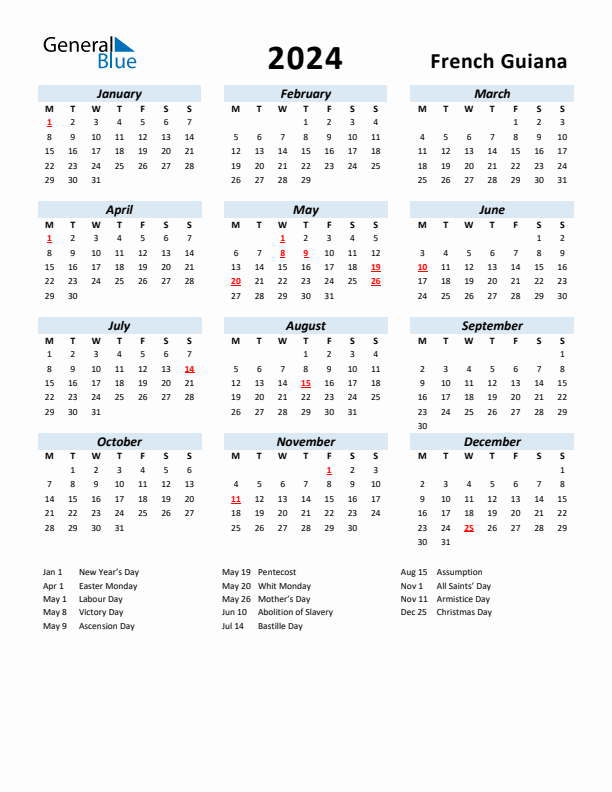 2024 Calendar for French Guiana with Holidays