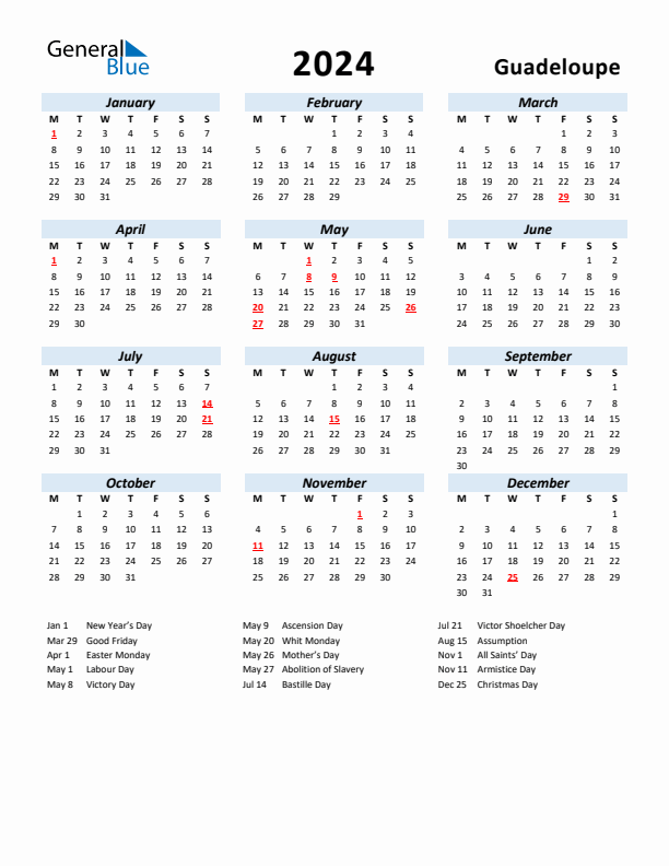 2024 Calendar for Guadeloupe with Holidays