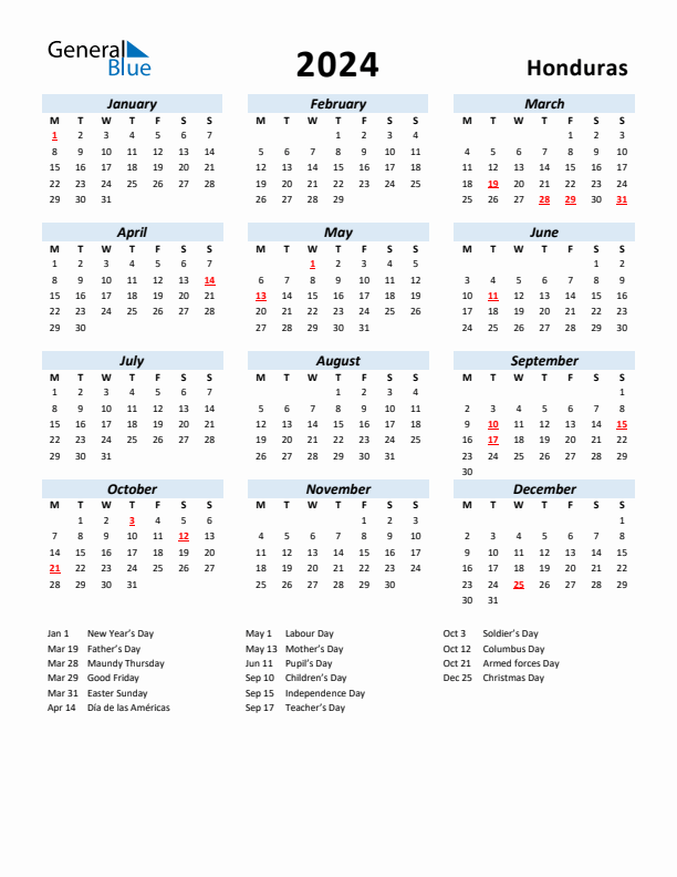 2024 Calendar for Honduras with Holidays