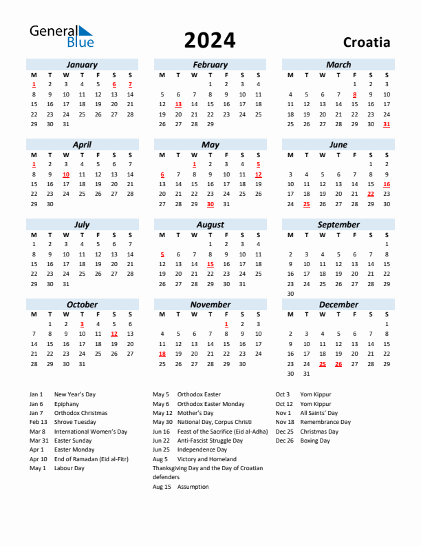 2024 Calendar for Croatia with Holidays