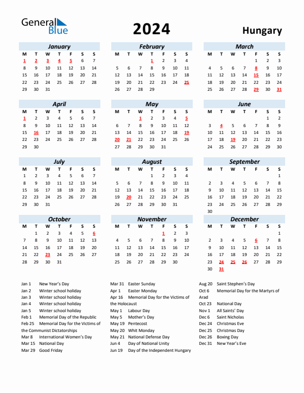 2024 Calendar for Hungary with Holidays