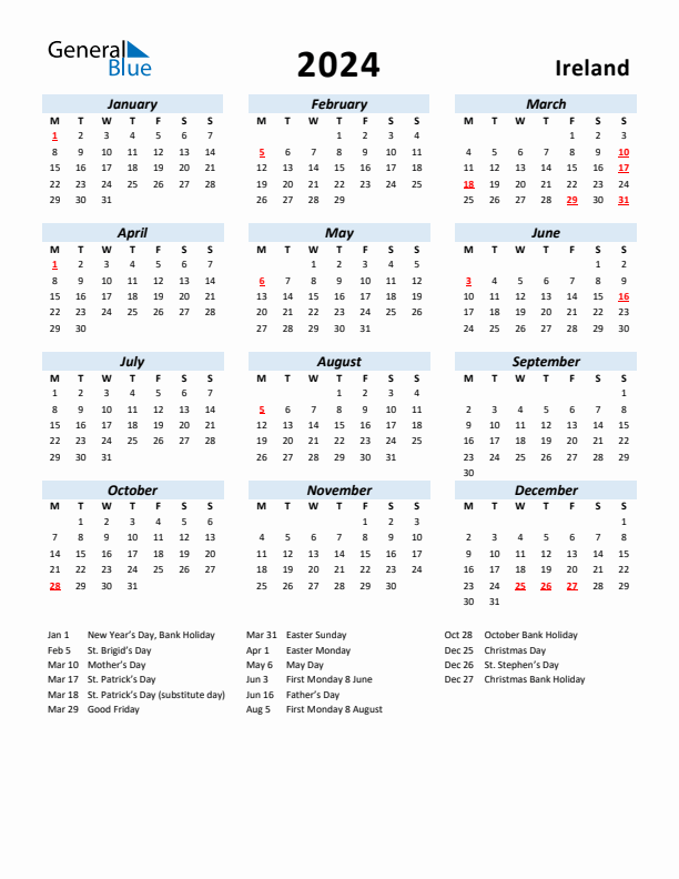 2024 Calendar for Ireland with Holidays