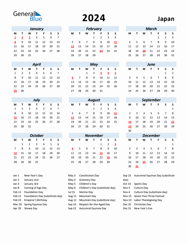 2024 Calendar for Japan with Holidays