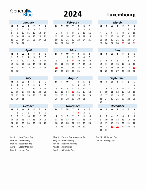 2024 Calendar for Luxembourg with Holidays