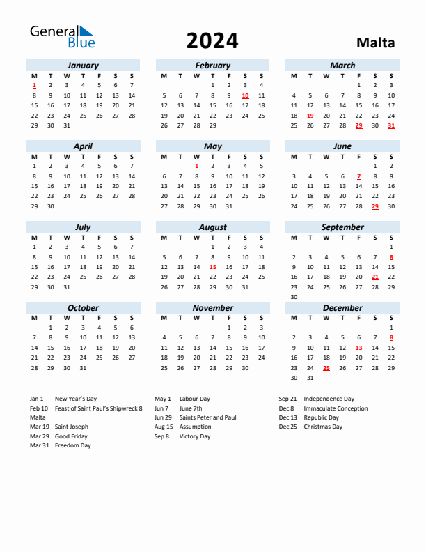 2024 Calendar for Malta with Holidays