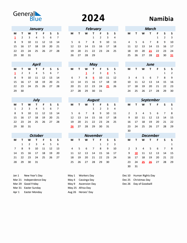 2024 Calendar for Namibia with Holidays