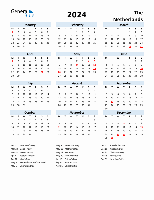 2024 Calendar for The Netherlands with Holidays