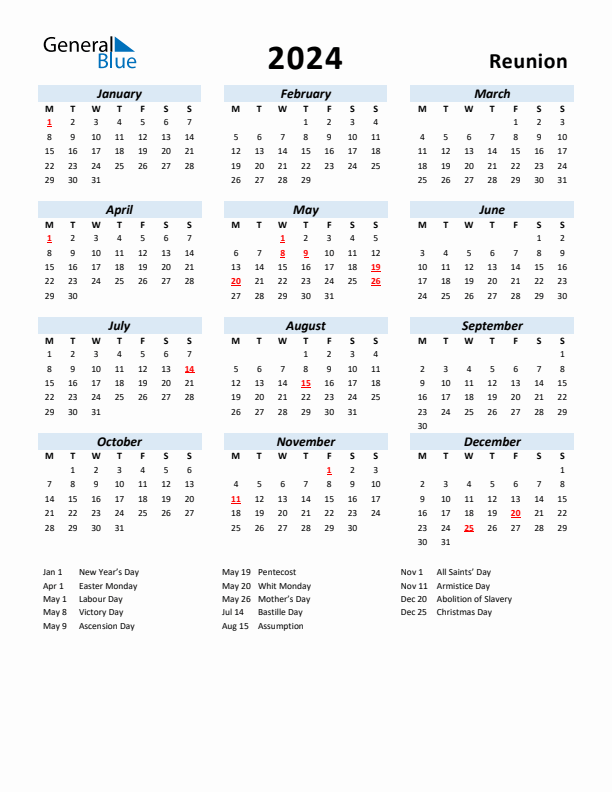 2024 Calendar for Reunion with Holidays