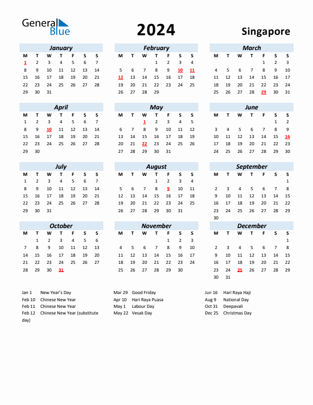 2024 Calendar for Singapore with Holidays