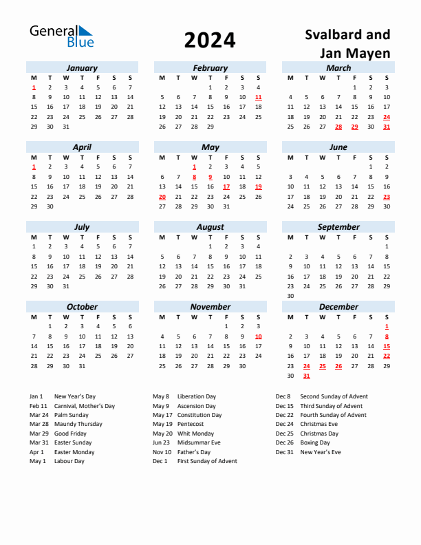 2024 Calendar for Svalbard and Jan Mayen with Holidays