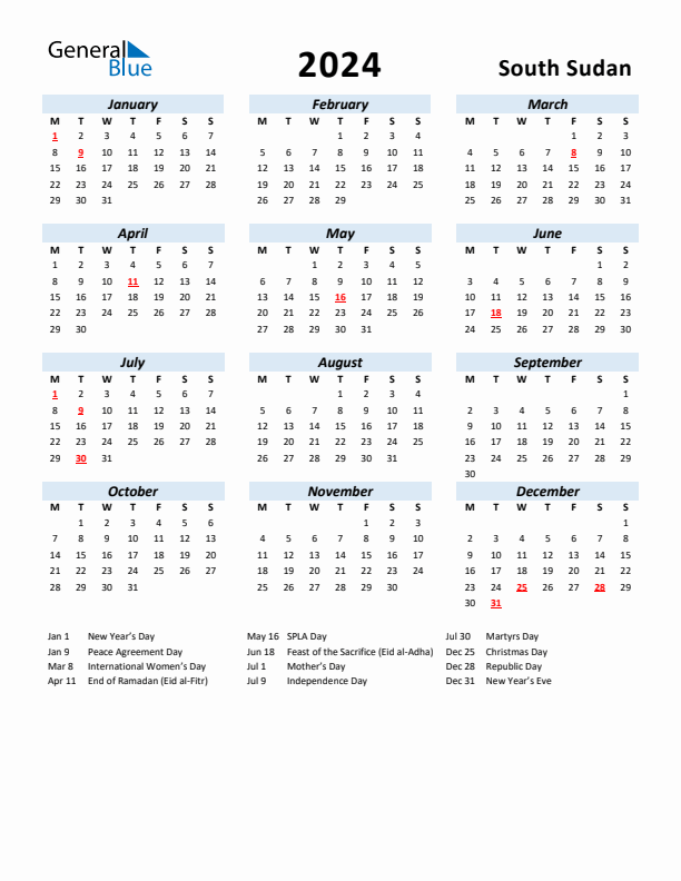 2024 Calendar for South Sudan with Holidays