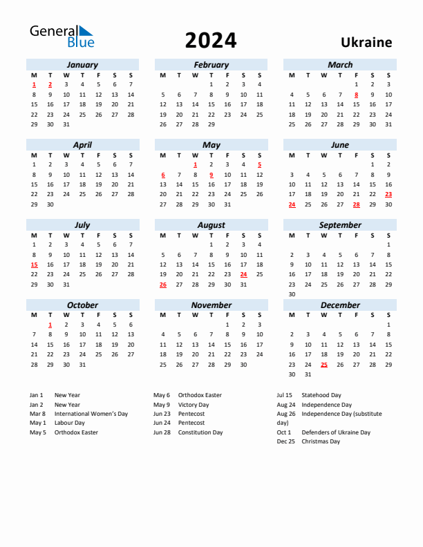 2024 Calendar for Ukraine with Holidays