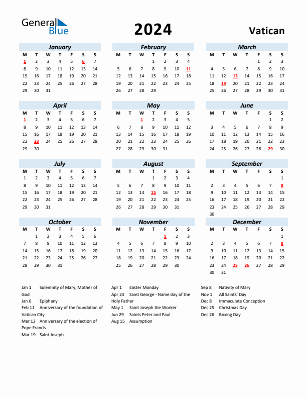 2024 Calendar for Vatican with Holidays