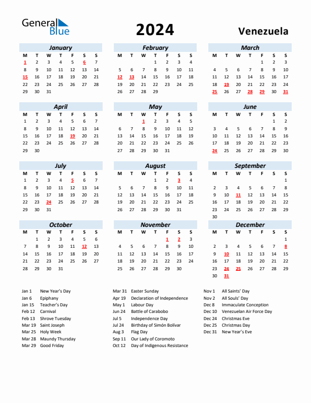 2024 Calendar for Venezuela with Holidays