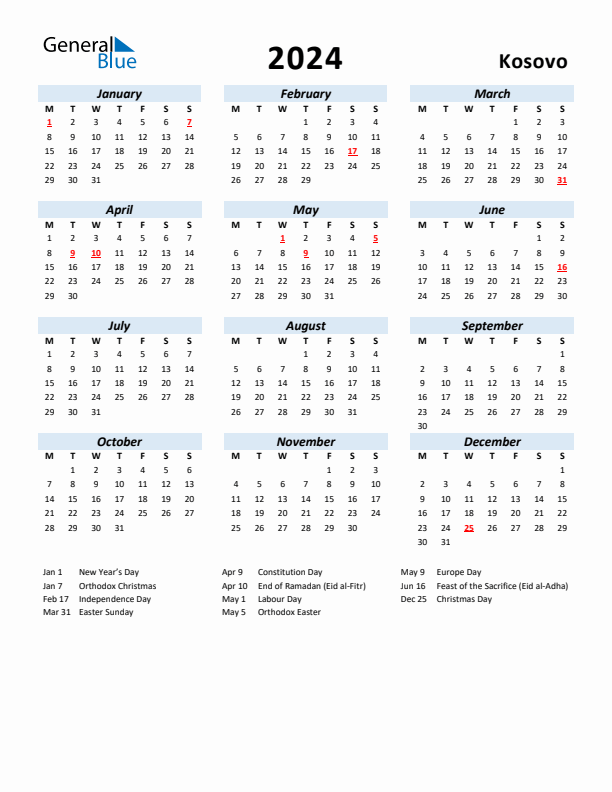 2024 Calendar for Kosovo with Holidays