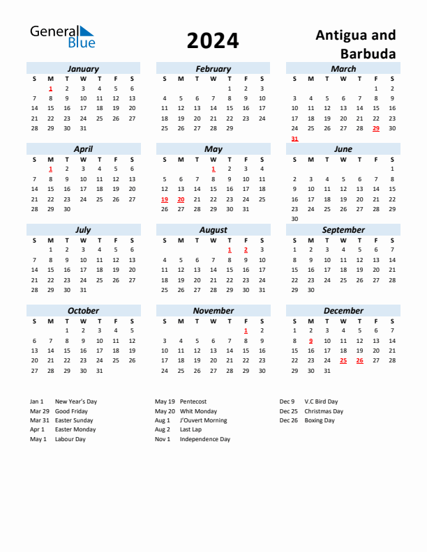 2024 Calendar for Antigua and Barbuda with Holidays