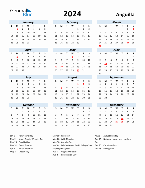 2024 Calendar for Anguilla with Holidays