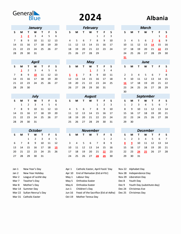 2024 Calendar for Albania with Holidays