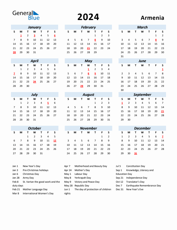 2024 Calendar for Armenia with Holidays