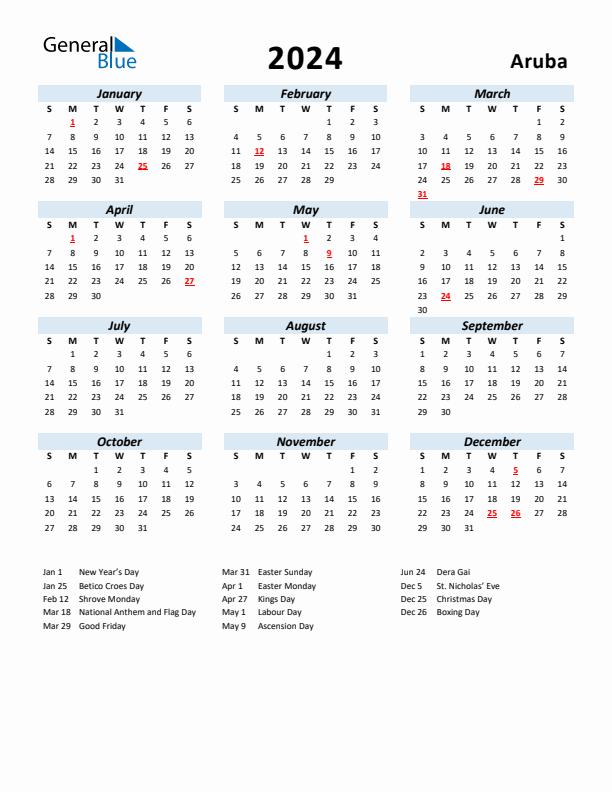 2024 Calendar for Aruba with Holidays