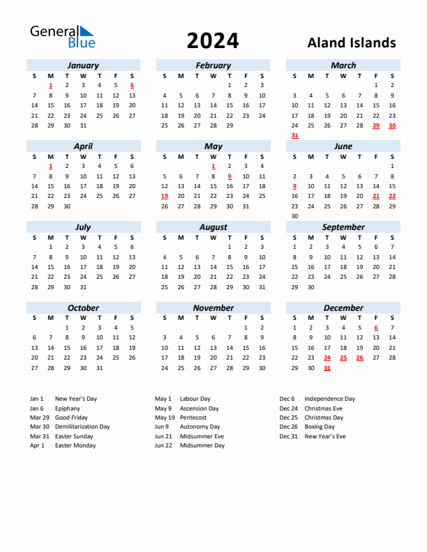 2024 Calendar for Aland Islands with Holidays