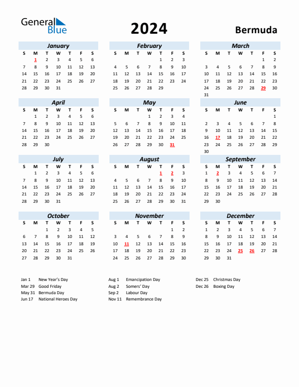 2024 Calendar for Bermuda with Holidays