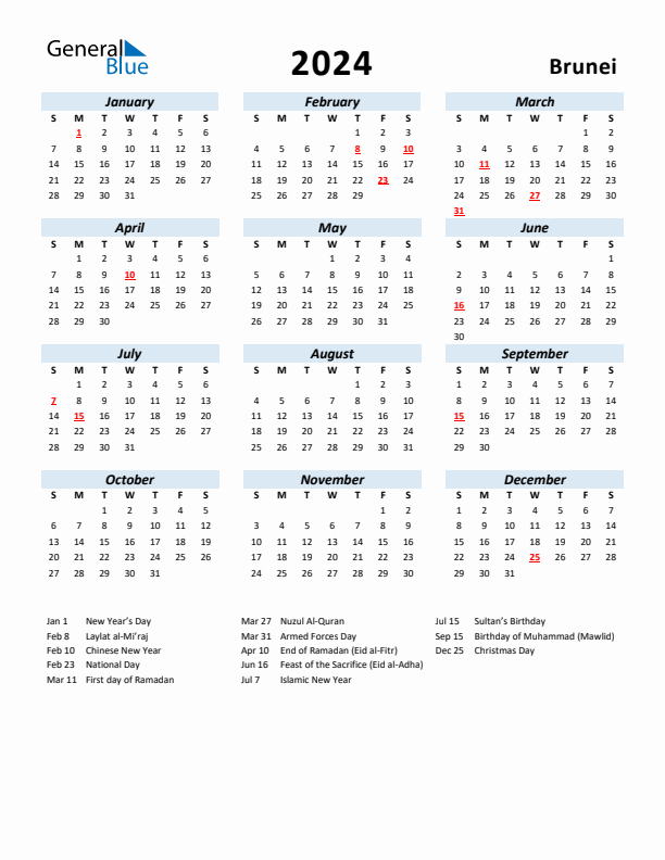 2024 Calendar for Brunei with Holidays