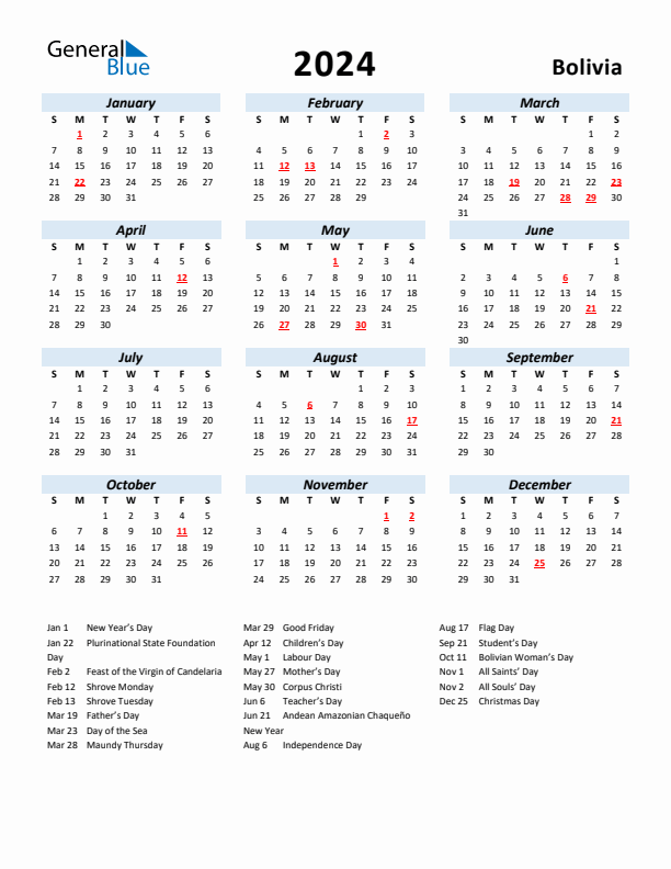 2024 Calendar for Bolivia with Holidays