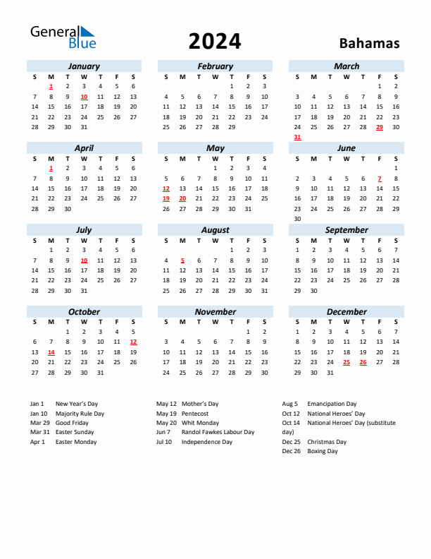 2024 Calendar for Bahamas with Holidays