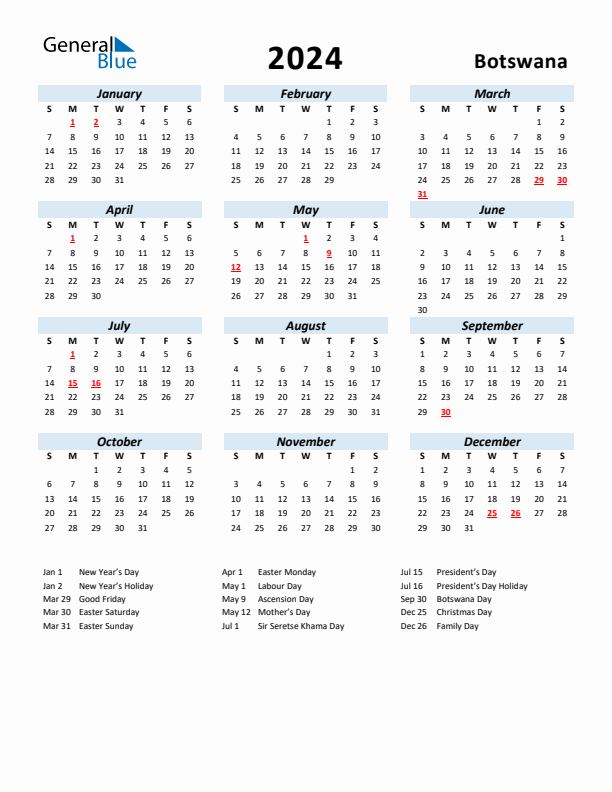 2024 Calendar for Botswana with Holidays