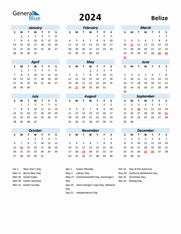 2024 Calendar for Belize with Holidays