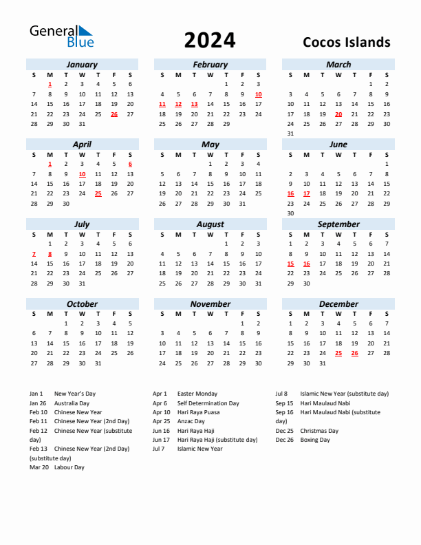 2024 Calendar for Cocos Islands with Holidays