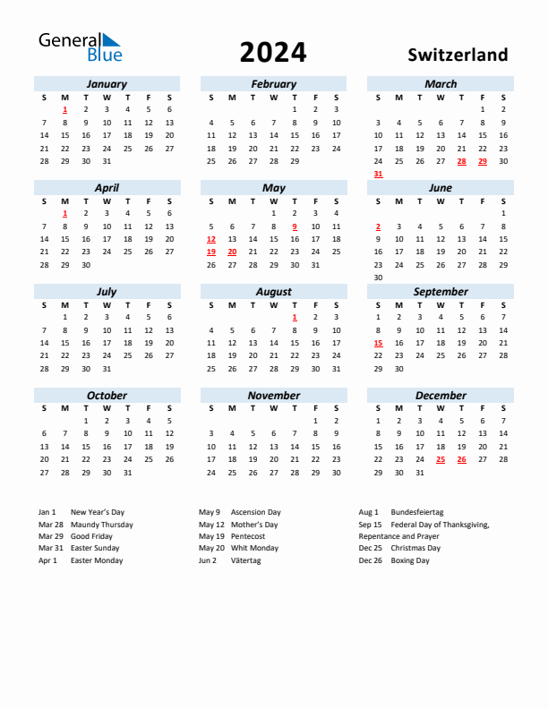 2024 Calendar for Switzerland with Holidays