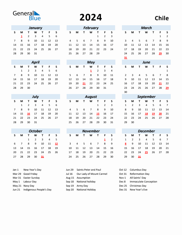 2024 Calendar for Chile with Holidays