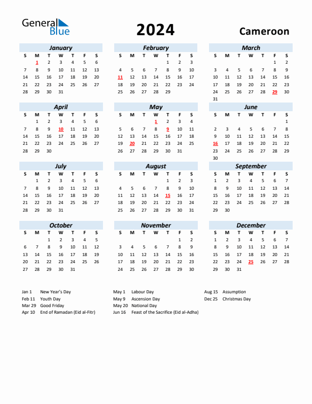 2024 Calendar for Cameroon with Holidays