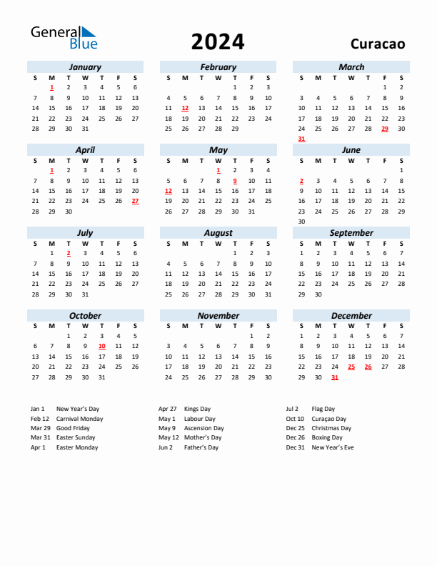 2024 Calendar for Curacao with Holidays