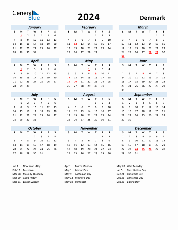 2024 Calendar for Denmark with Holidays