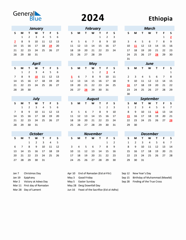 2024 Calendar for Ethiopia with Holidays