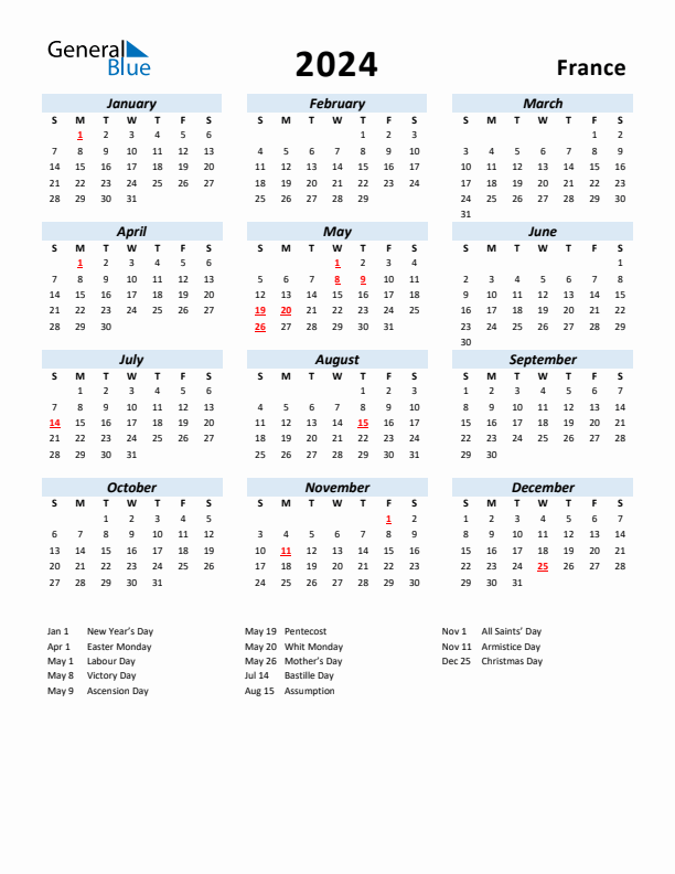 2024 Calendar for France with Holidays