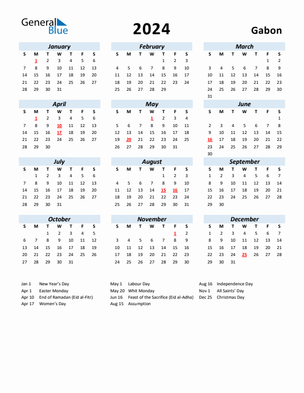 2024 Calendar for Gabon with Holidays