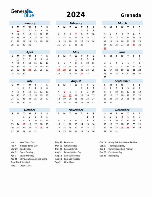 2024 Calendar for Grenada with Holidays