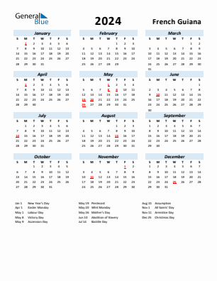 French Guiana current year calendar 2024 with holidays