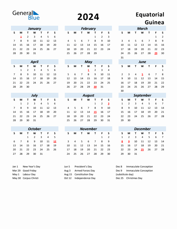 2024 Calendar for Equatorial Guinea with Holidays