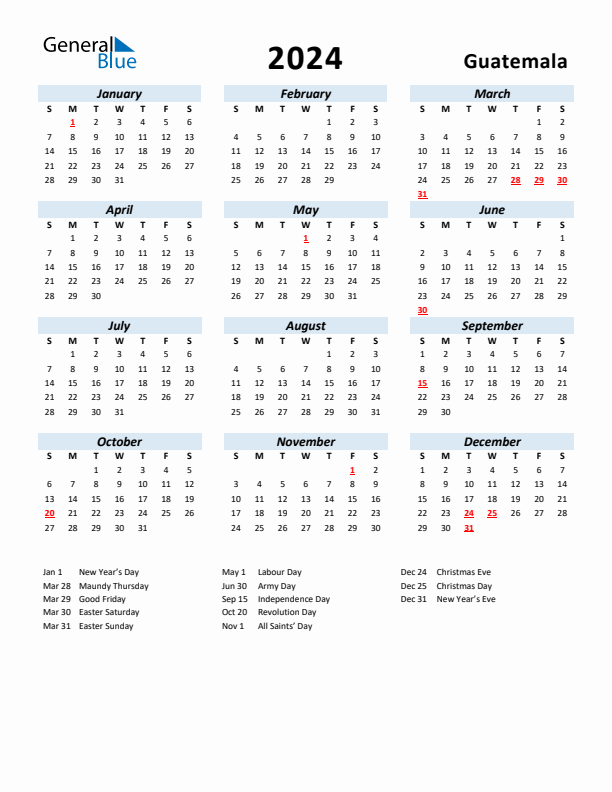 2024 Calendar for Guatemala with Holidays